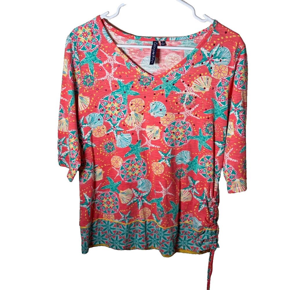 Casey Key T-Shirt Women's Large V-Neck Shells Beach Rhinestone 3/4 Sleeve Top